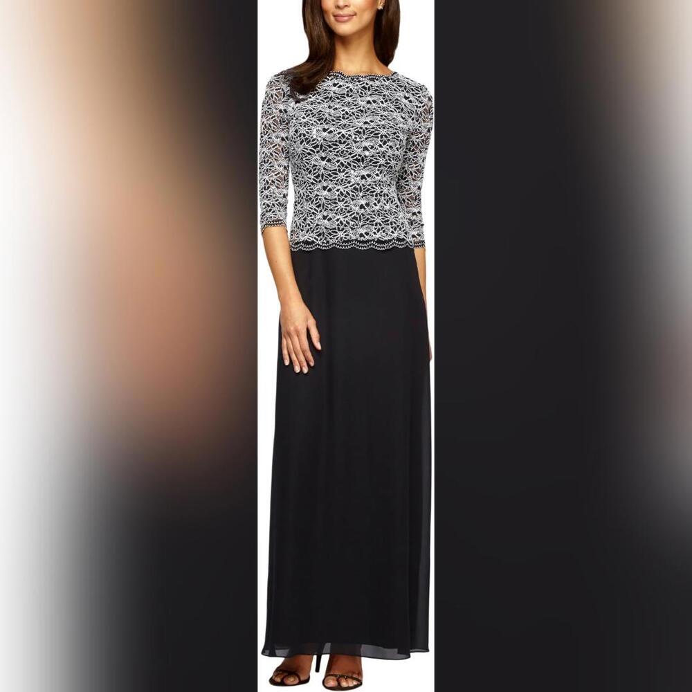 Alex Evenings 3/4 Sleeve Stretch Lace Bodice Mock One Piece Gown, 10, NWT